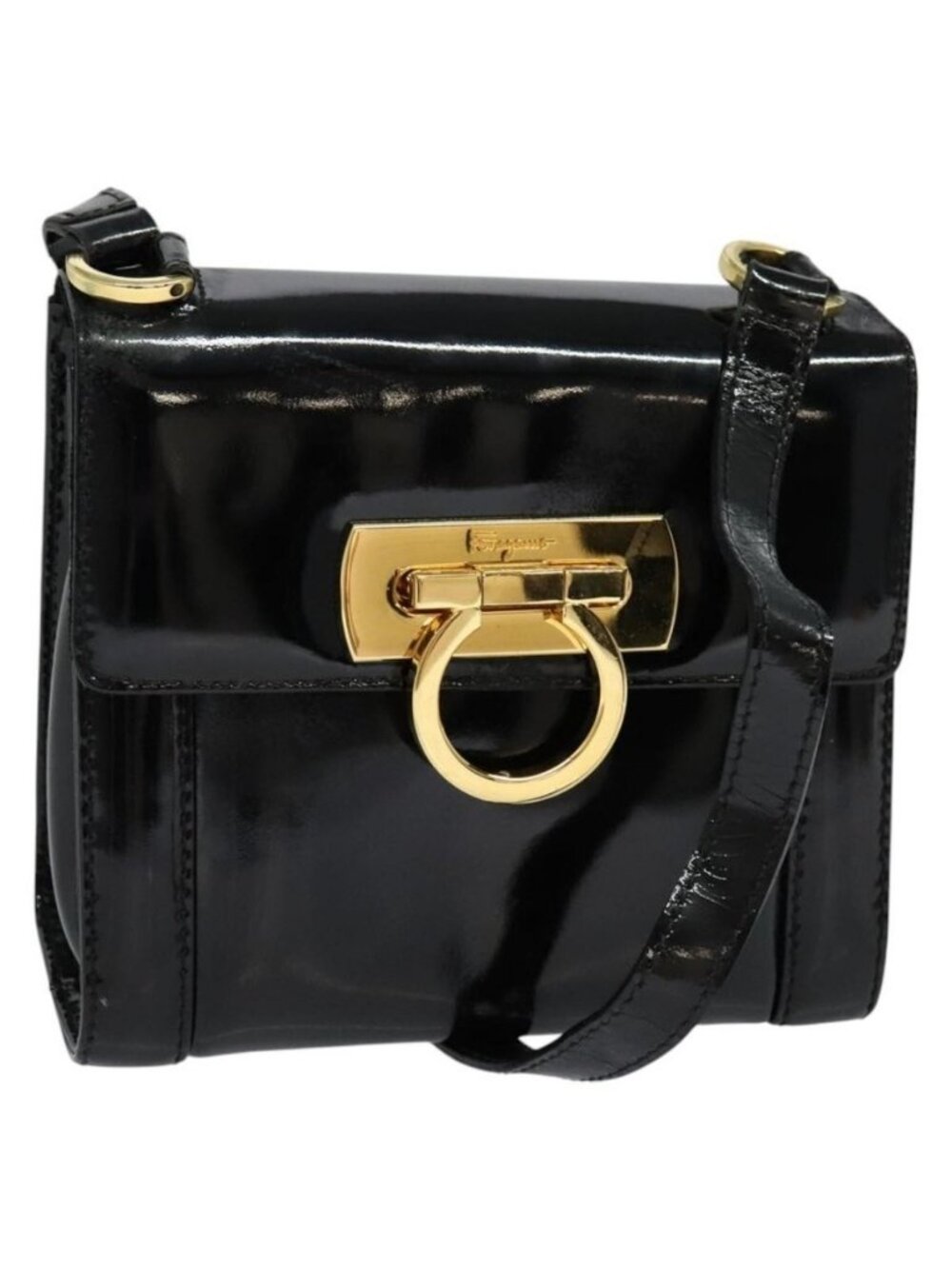 Authentic Salvatore Ferragamo Gancini Shoulder Bag Enamel Black Gold - Picture 1 of 16